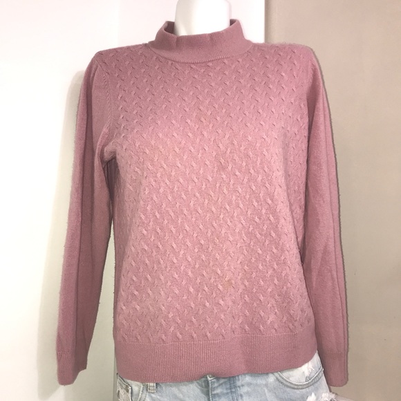 ALIA Rose Pink Quilted Knit Wool Mock Neck Sweater - Picture 3 of 8